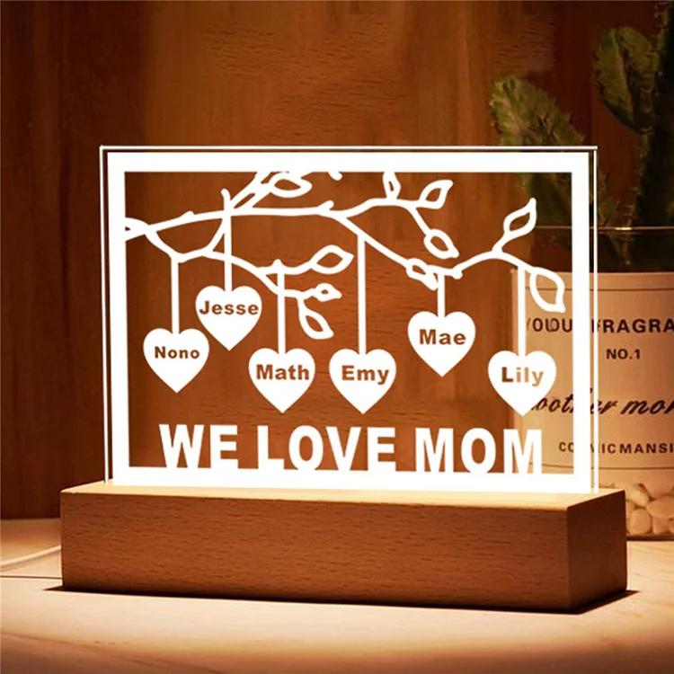 Personalized Family Tree Night Light LED Sign Engraved 6 Names Plaque USB Power Lamp