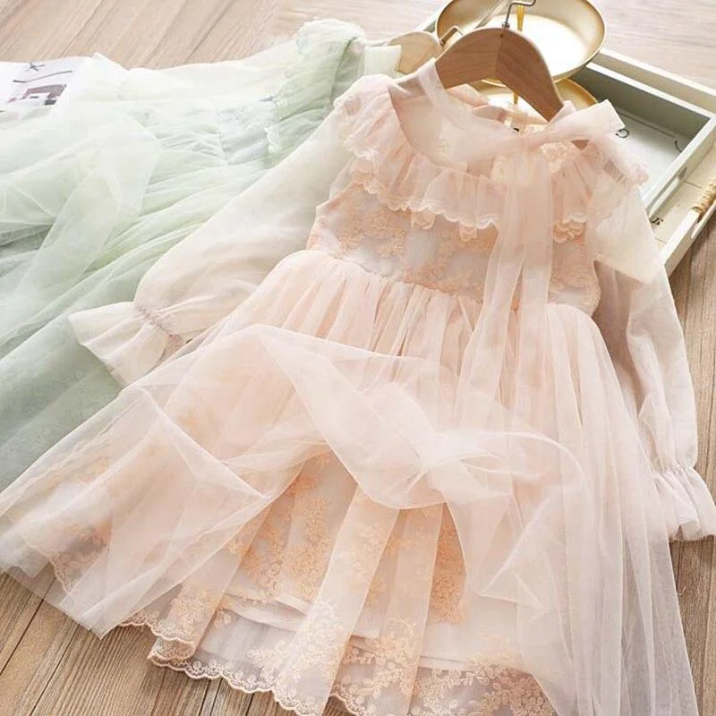 Girls Christmas Dress Girls Winter Dress With Bow Floral Lace Elegant Mesh Outfits New Year Vestido Infantil Girls Lace Dress