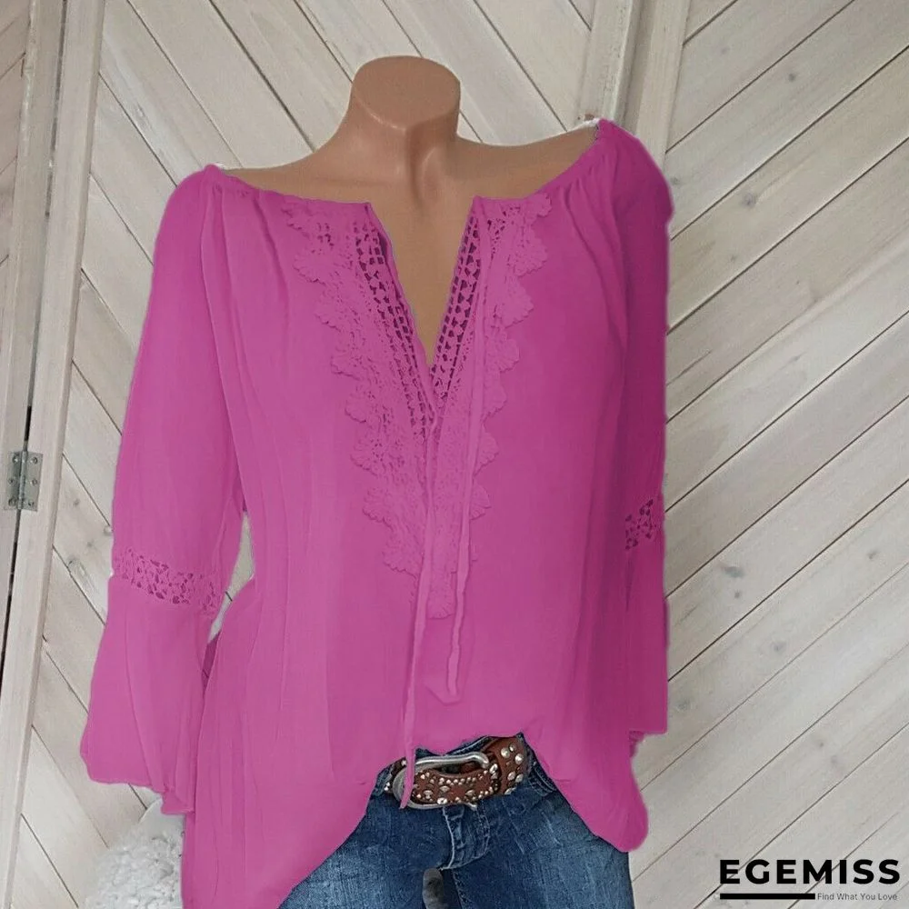 5XL Plus Size Women Casual Blouse Tops V Neck 3/4 Sleeve Loose Lace Blouse | EGEMISS