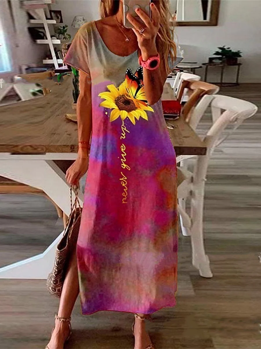 Casual Tie-dye Sunflower Print Side Slit Long Dress
