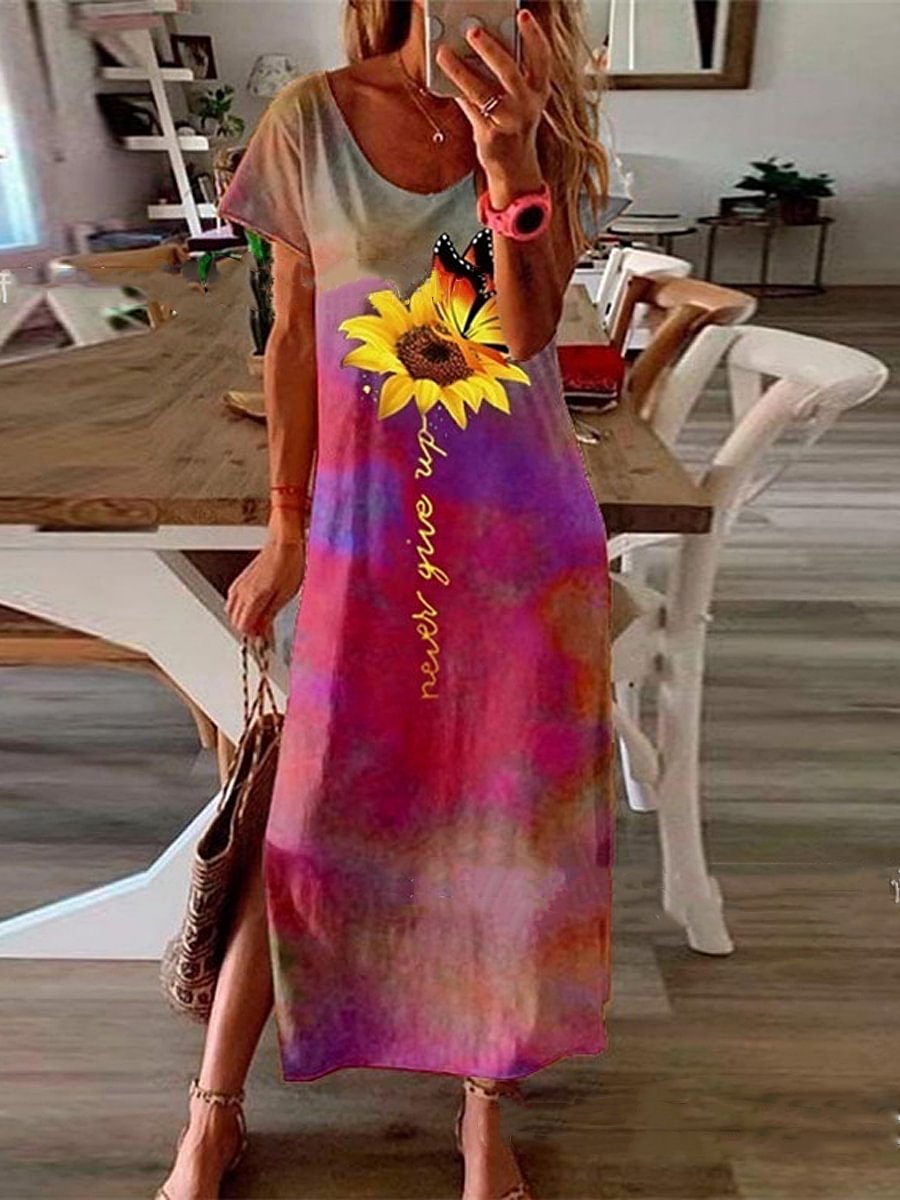 Casual Tie-dye Sunflower Print Side Slit Long Dress