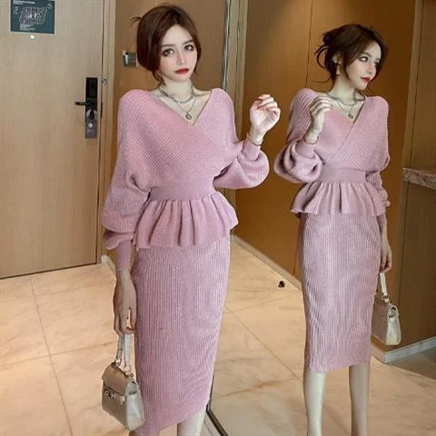 Toloer Temperament Outfits Fashion Korean 2 Piece Set for Women V-neck Ruffles Pullovers Tops Bodycon Skirts Suit Korean Chic Knit Sets