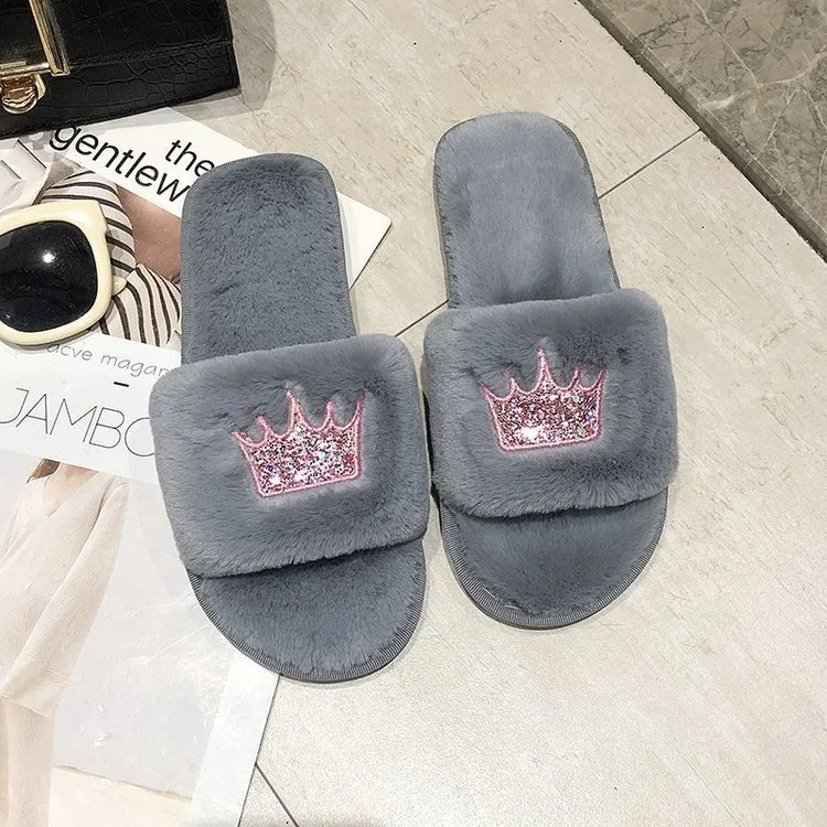 Wongn Wongn Winter New Korean Version Of The Crown Sequins One-Word Plush Warm Wool Slippers Flat Cotton Drag Female
