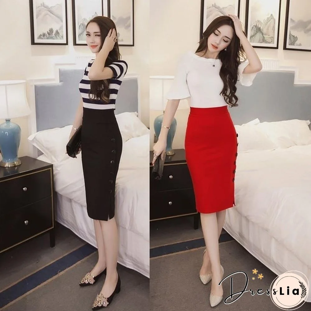 New Sexy Women Casual Party High Waist Slit Knit Button Slim Pencil Midi Skirt Dress