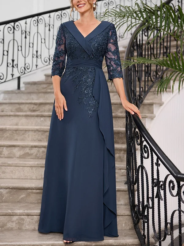 V-neck Lace Solid Color Maxi Dress