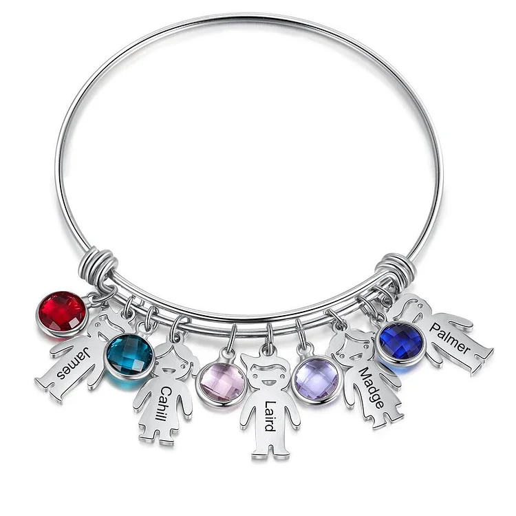 Women Bangle Bracelet with Kids Charms 5 Birthstones Engraved 5 Names