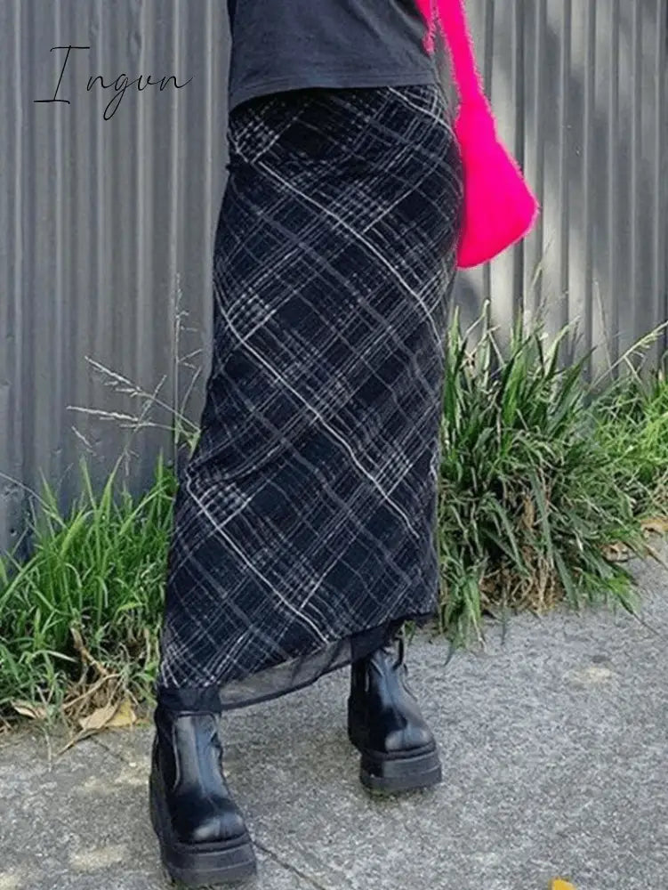 Ingvn - Layered Checked Midi Skirt Black / S Skirts