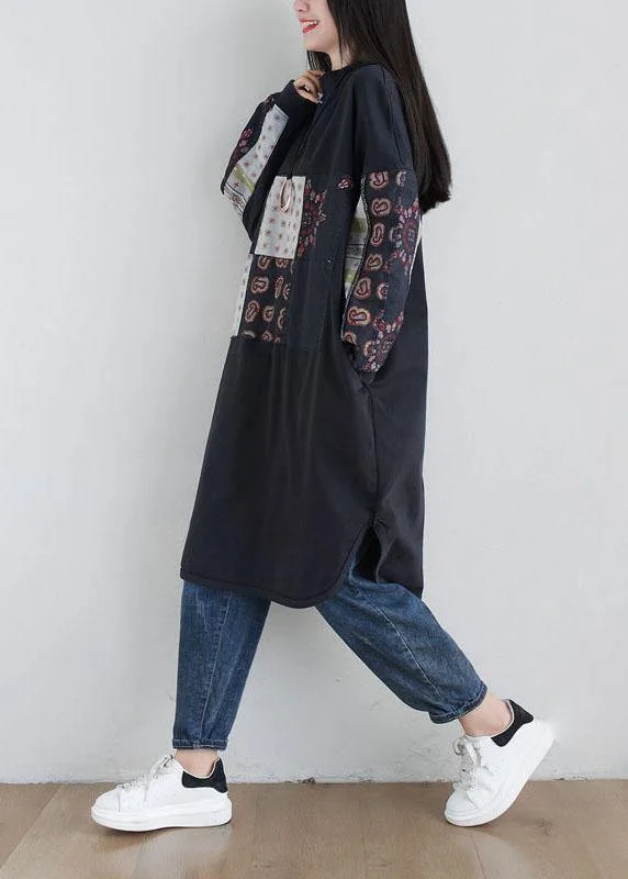 Stylish Black Turtleneck Print Loose Fall Floral Sweatshirts Dress