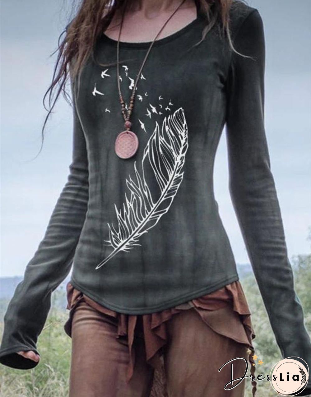 Vintage Leaves Printed Long Sleeve Top