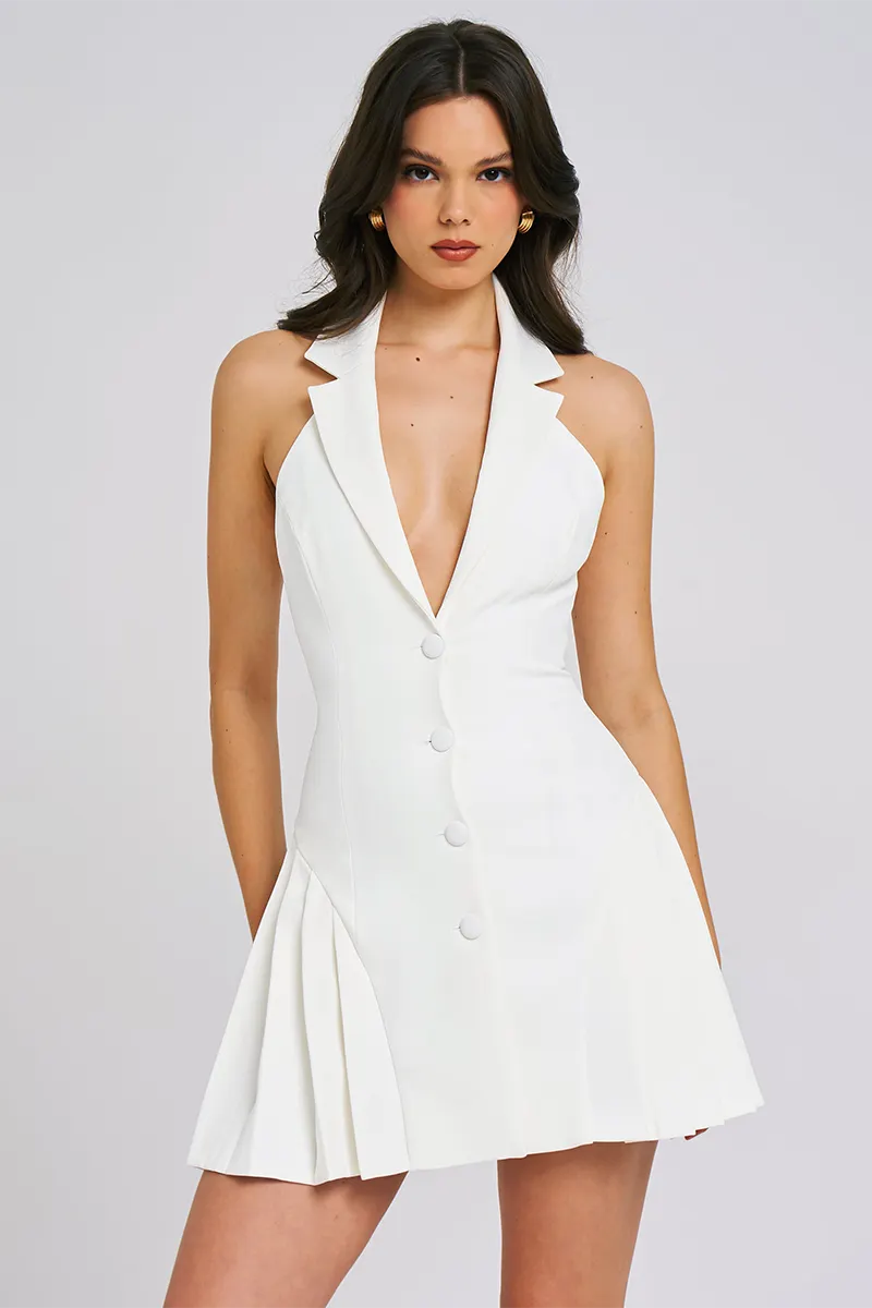 Notch Lapel Sleeveless Pleated Hem Blazer Mini Dresses-White [Pre Order]