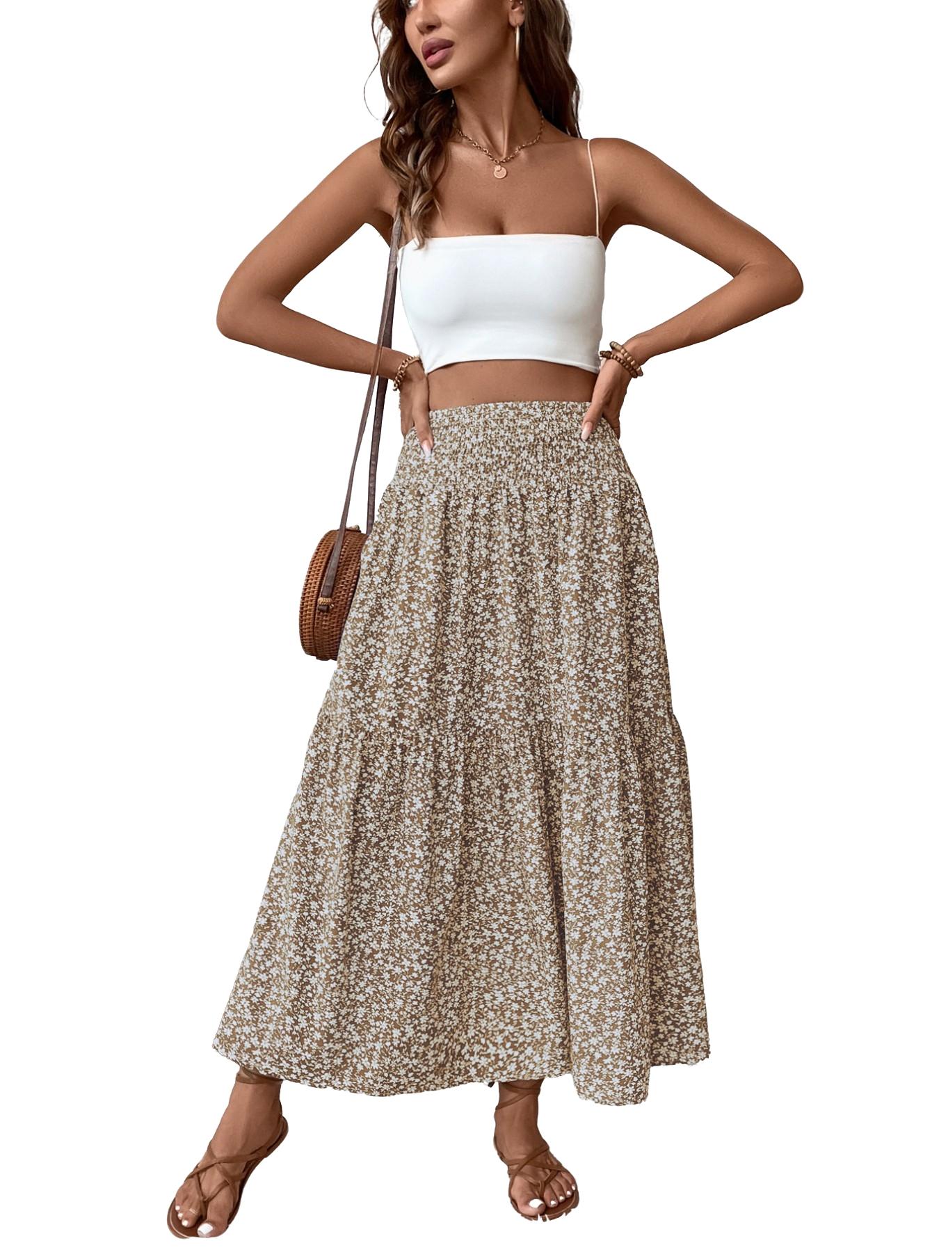 Women's Ditsy Floral Vintage Casual Vacation Layered A-Line Skirt, Elegant Long Skirt for Spring & Fall, All over Print Fitted Style