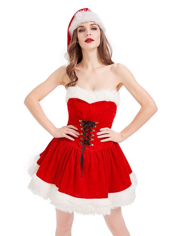Eyelet Lace Up Ruffle Dress Santa Women Christmas Costume-elleschic