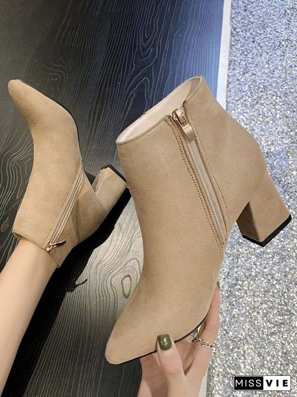 Side Zip Faux Suede Pointed Toe Chunky Heel Booties