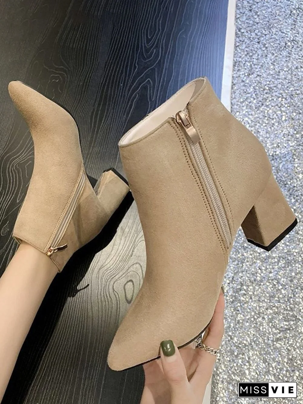 Side Zip Faux Suede Pointed Toe Chunky Heel Booties