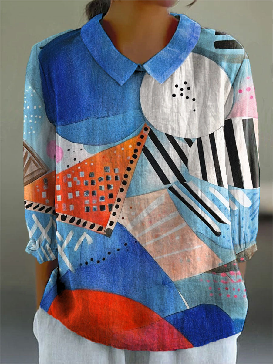 Women's Bright Abstract Geometric Art Print Casual Cotton And Linen 3/4 Sleeve Shirt