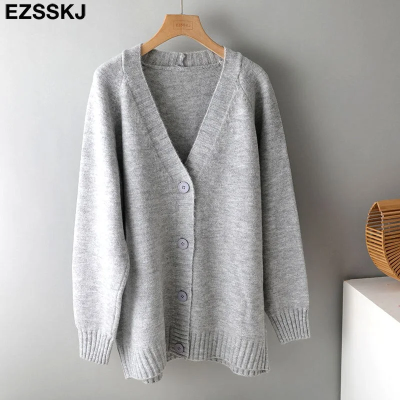 Ezsskj spring autumn sweater long sweater Cardigan Women v-neck Knitted Jacket Cardigan Sweater Female elegant Coat out wear