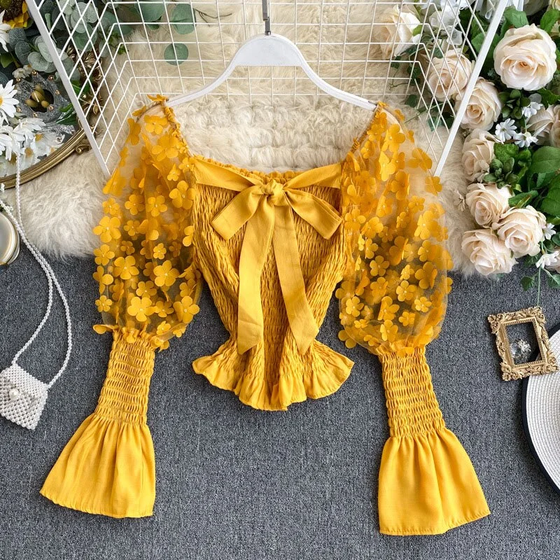 Elegant Spring Summer Women Short Shirt Sweet 3D Flower Appliques Mesh Crop Tops Slash Neck Puff Long Sleeve Ladies Blouse