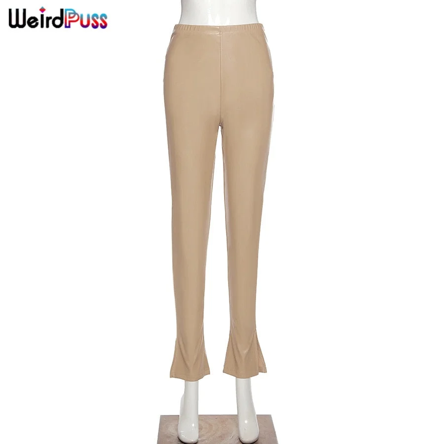 OrangeA Women Fashion Faux Leather Pants Y2K Trouser Split Pencil Black High Waist Streetwear Elegant Sexy Skinny Slim Clubwear