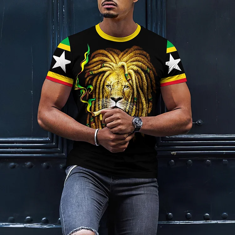 BrosWear Trendy Lion Reggae Casual Print Short Sleeve T-Shirt