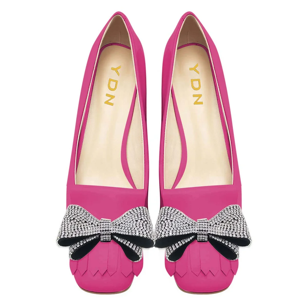 Hot Pink Rhinestone Bow Heels Square Toe Pumps Shoes with Fringe
