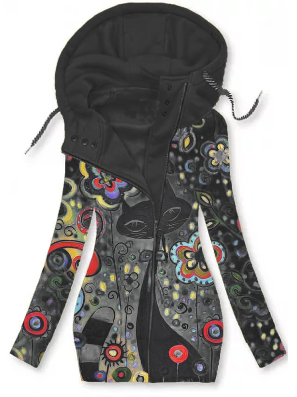 Retro Cat Print Zip Hooded Jacket Coat