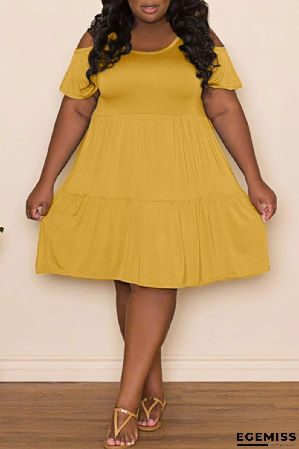 Yellow Casual Solid Patchwork Fold O Neck A Line Plus Size Dresses | EGEMISS