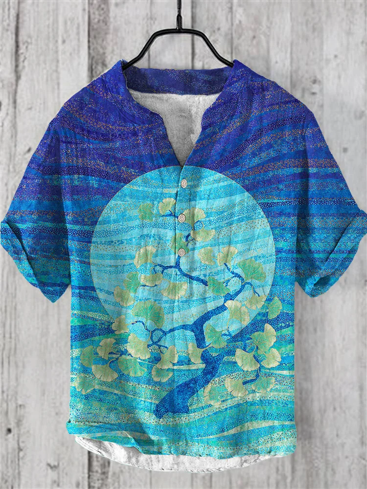 Gingko Tree & Moon Print Linen V-Neck Shirt