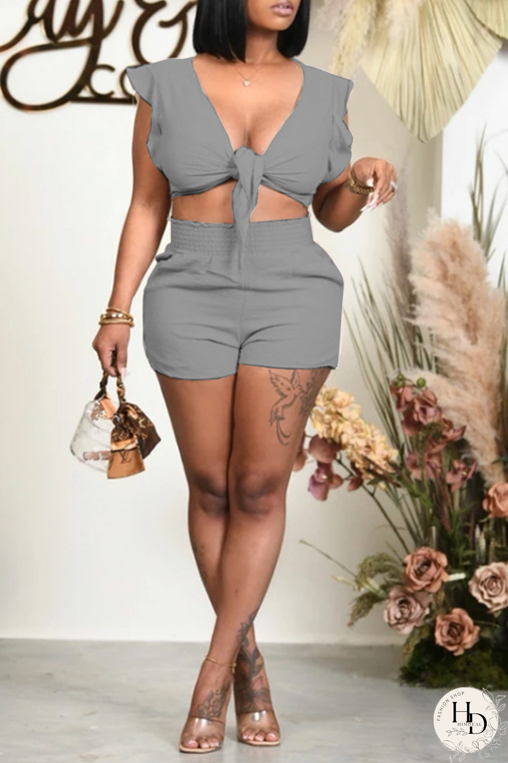Cream White Sexy Solid Flounce V Neck Sleeveless Two Pieces
