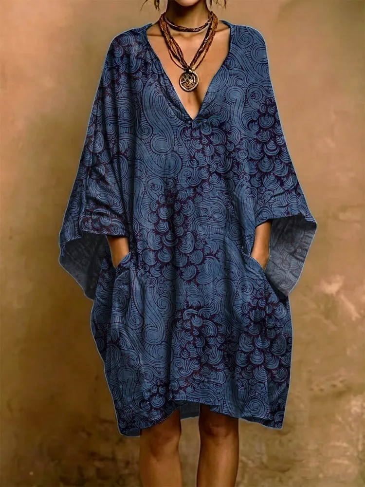 Exotic Linear Wave Decorative Pattern Woman's V Collar Short Sleeve Cotton Linen Dress