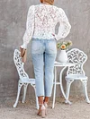 Plain Deep V-Neck Puff Sleeves Lace Crochetgo Casual T-Shirt Top