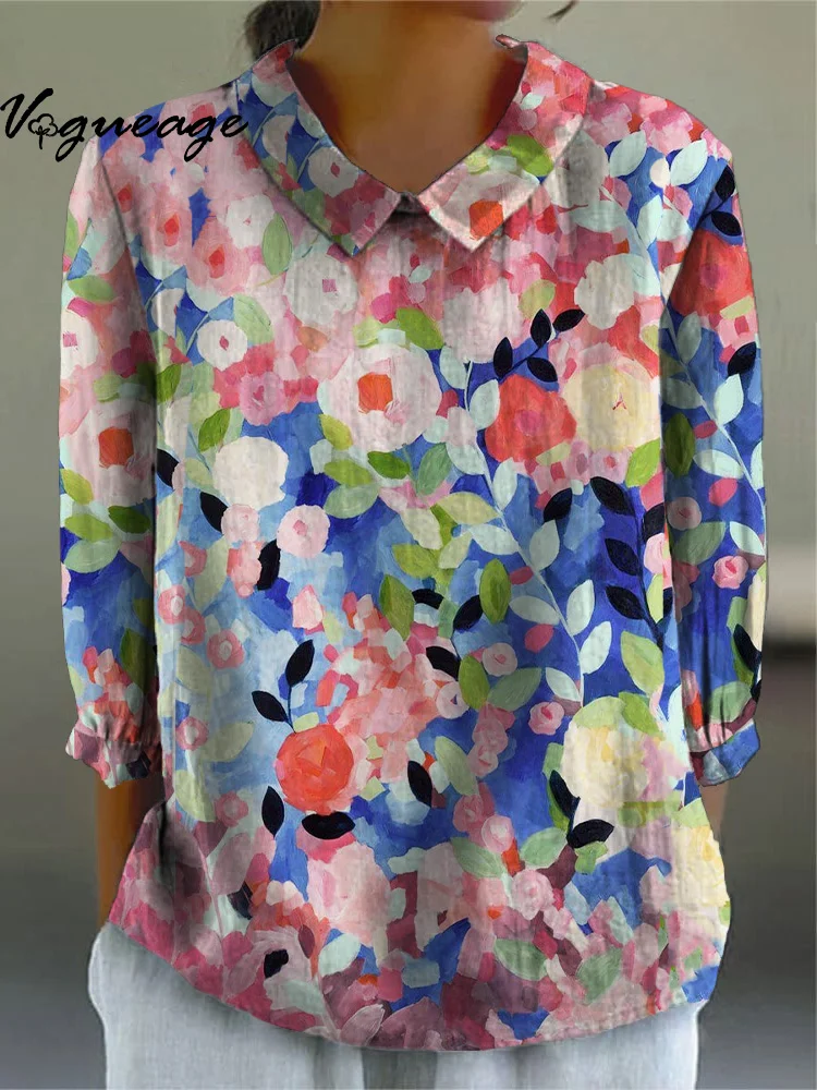 Bright Colorful Watercolor Flowers Printed Cotton And Linen Shirt