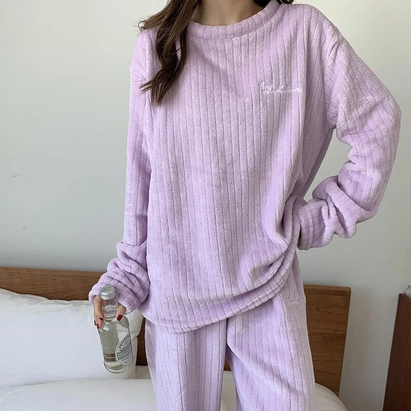 Winter Warm Women Pajamas Set Flannel Pajamas Homewear Sweatshirt Hoodies Thick Female Sleepwear Plush Pyjamas Suit Solid Color