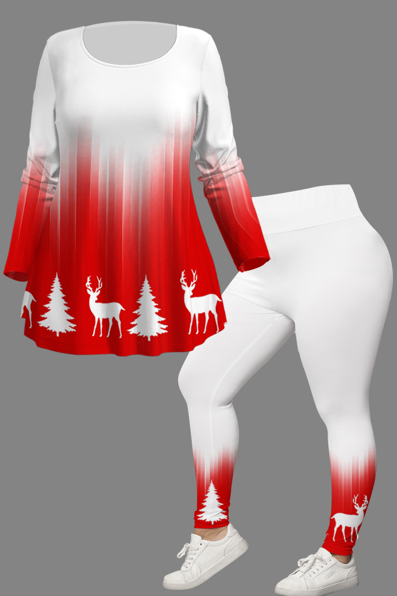 Flycurvy Plus Size Christmas Casual Red Ombre Elk Christmas Trees Print Two Piece Pant Set
