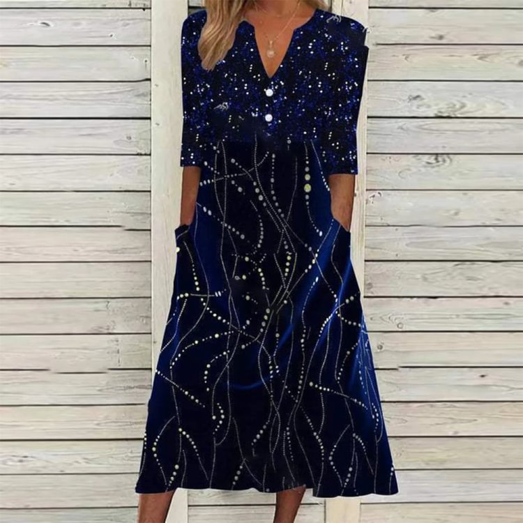Midnight Blue Constellation Line Print Side Pocket Midi Dress