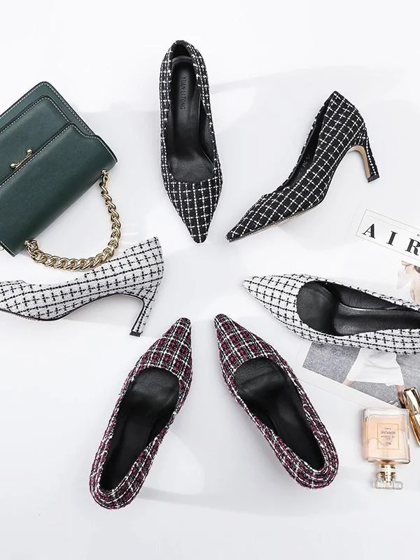 Fashion pointed soft plaid high heels women's single shoes
