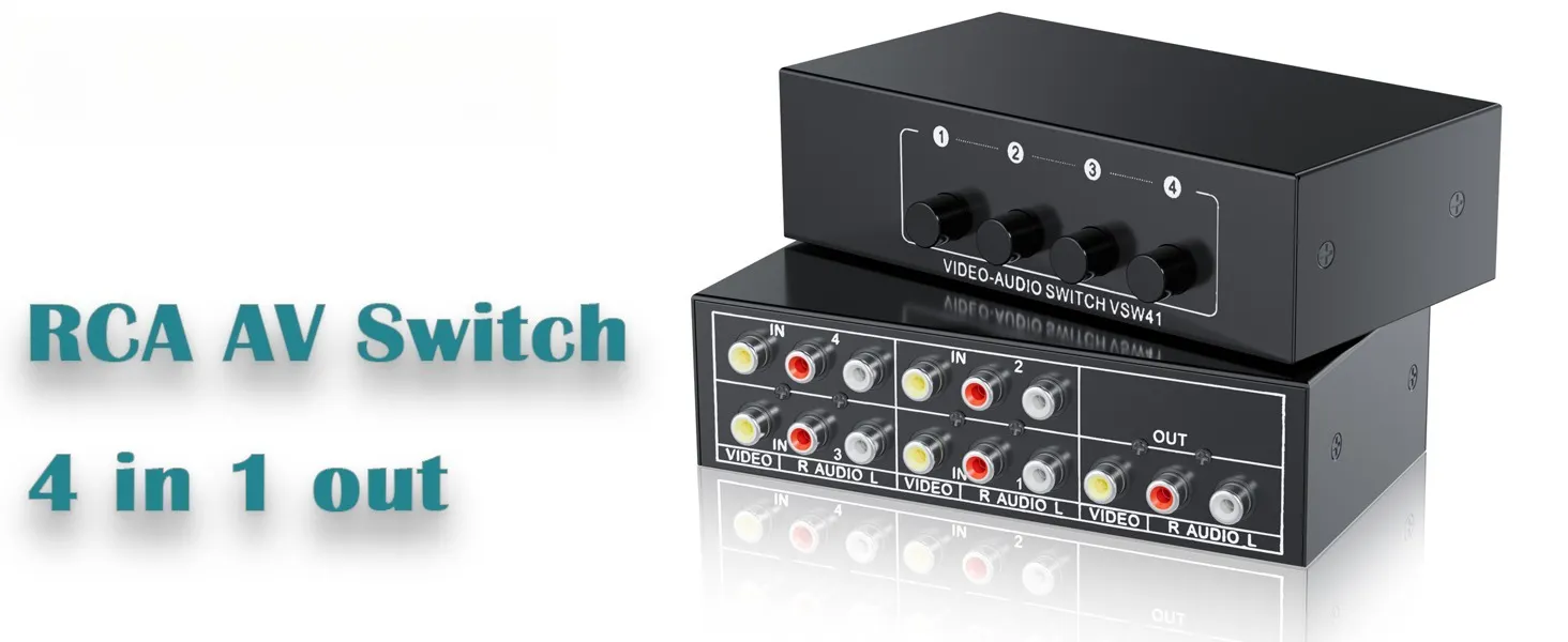 4 In 1 Out RCA switch box lets you connect four composite video and stereo audio sources