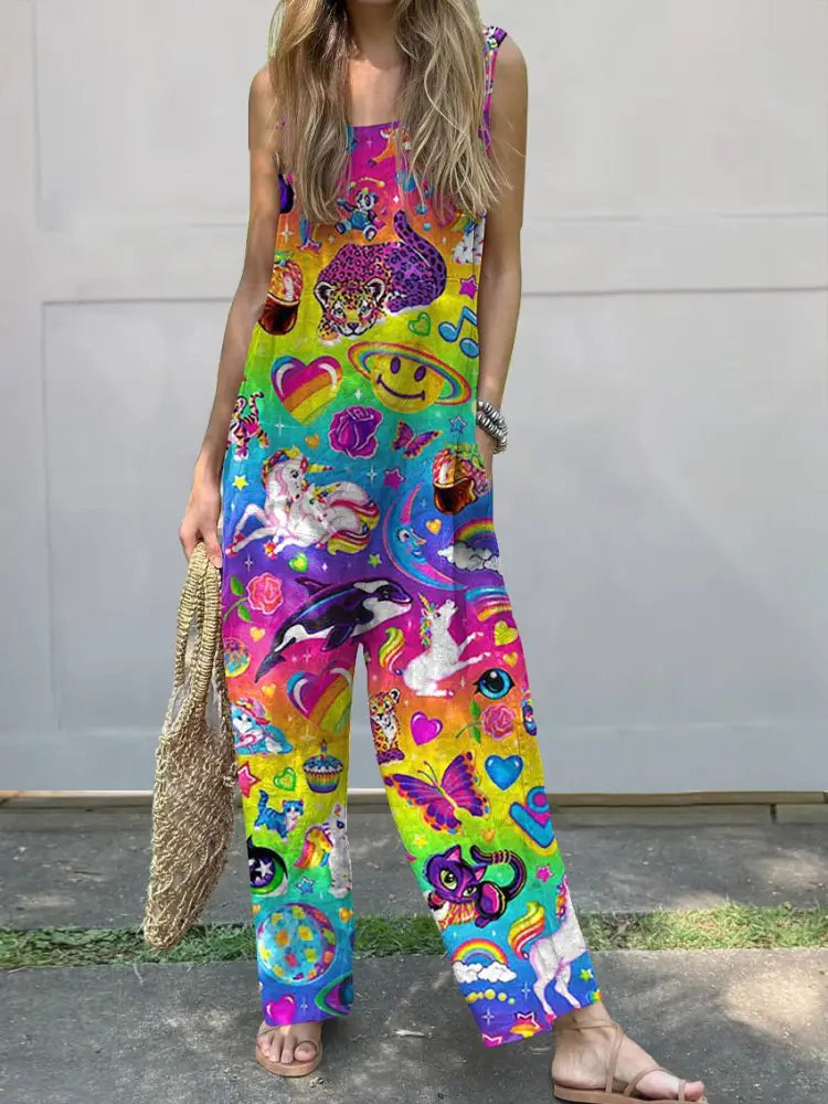 Retro Style Cartoon Character Pattern Printed Women's Casual 100% Cotton Wide Leg Jumpsuit