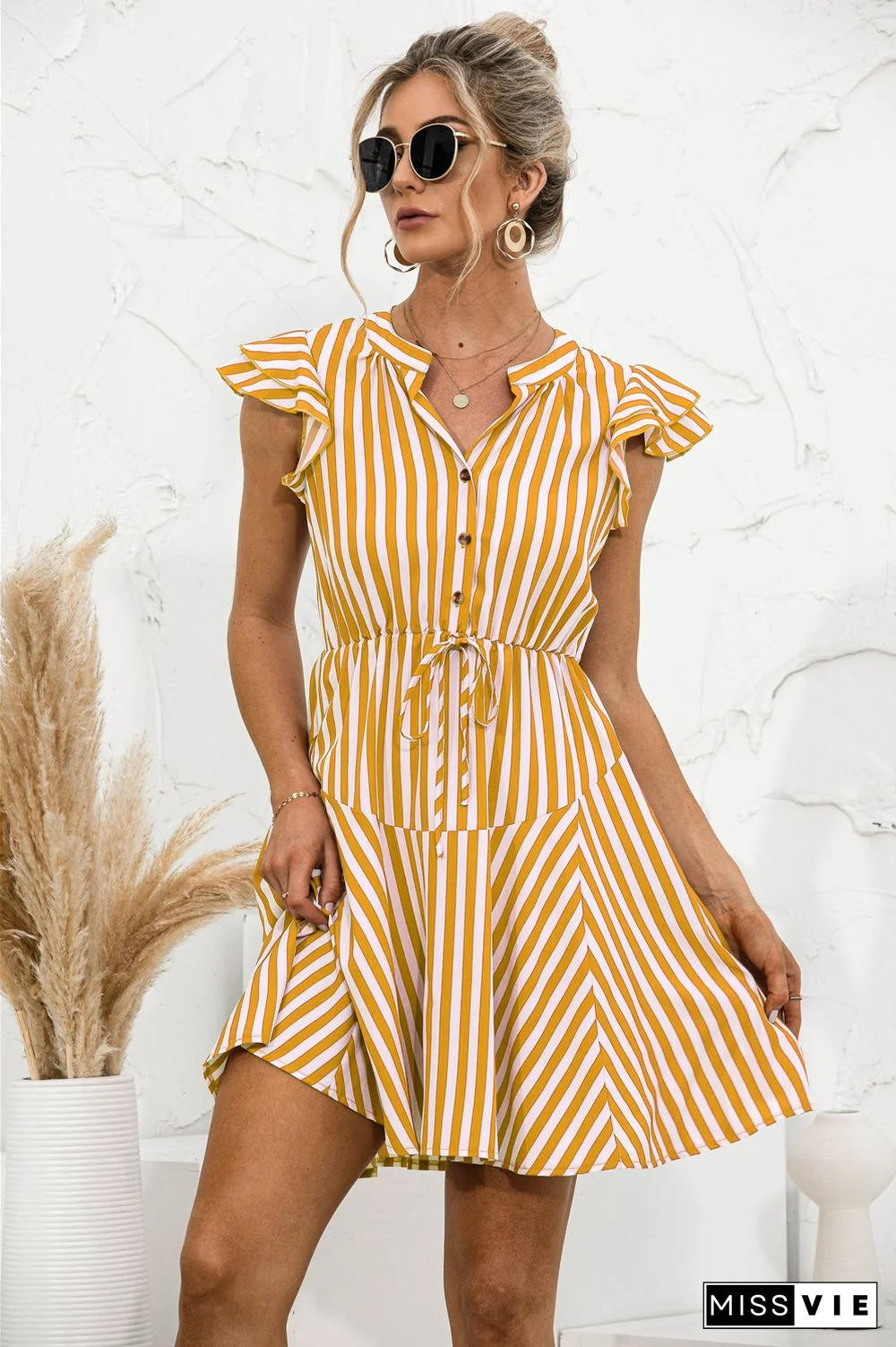 Fashion Striped Button Casual Mini Ruffles Dress Summer A- Sexy V-neck Short Dress For Womens Beach Dress High Street