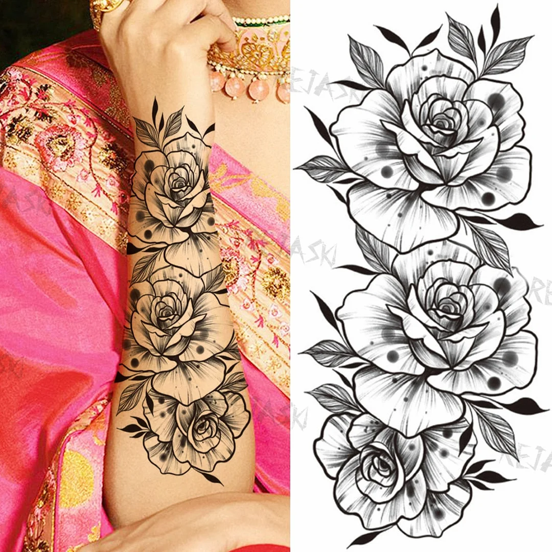 Sexy Snake Flower Fake Temporary Tattoo For Women Black Sunflower Tattoos Bloosom Big Daisy Camellia Water Transfer Tatoos Legs