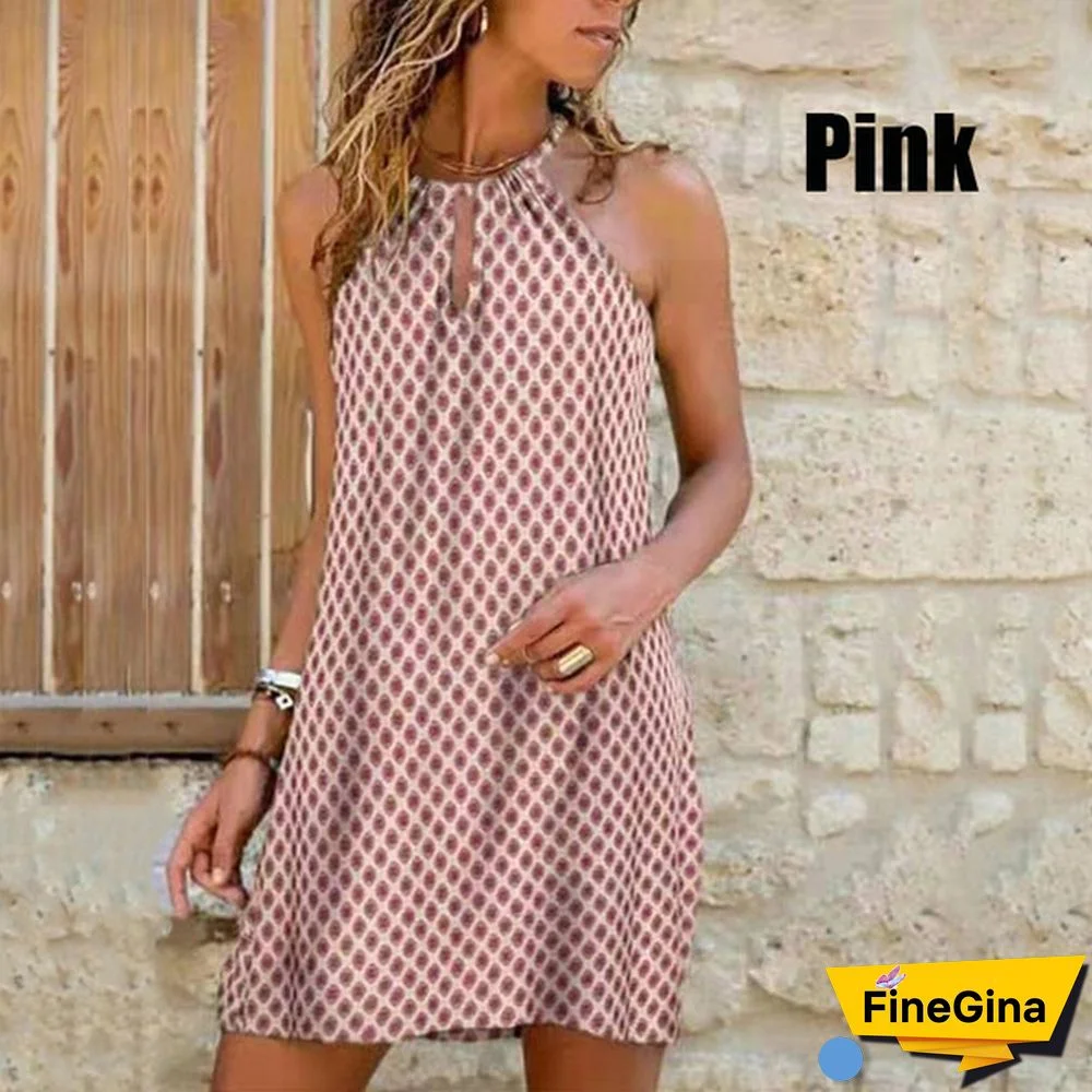 New Summer Women's Fashion Sling Halterneck Print Dress Casual Party Dresses Girls Above Knee sleeveless Dress Plus Size