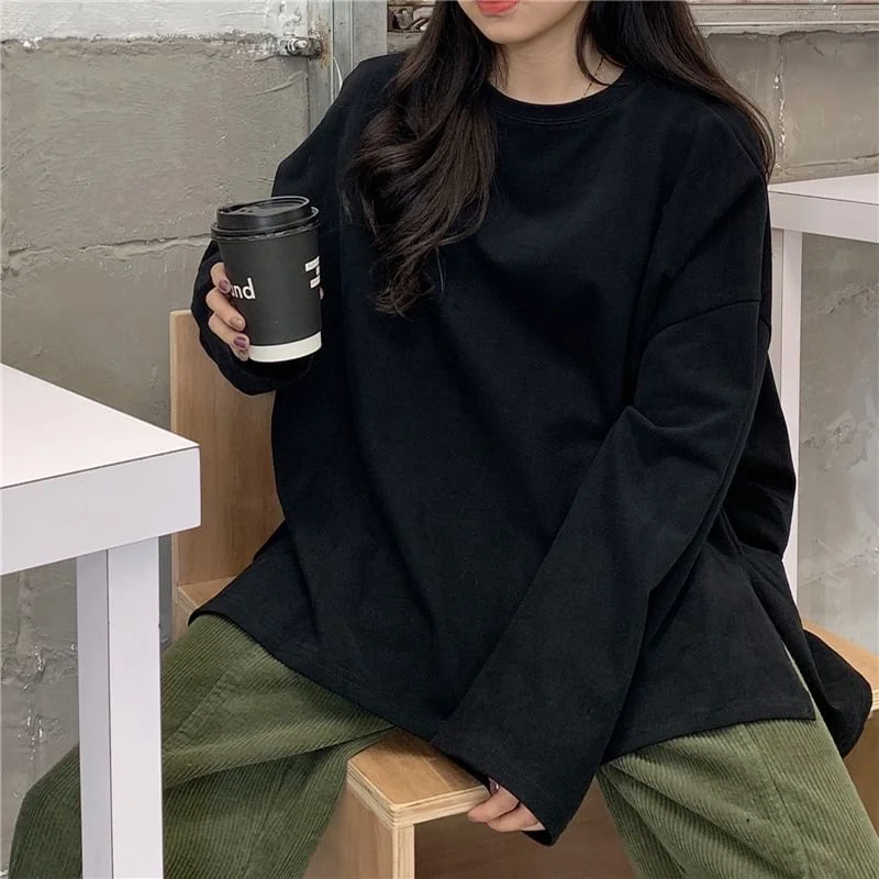 Round Plain Long-Sleeve T-Shirt Oversized Slit Neck