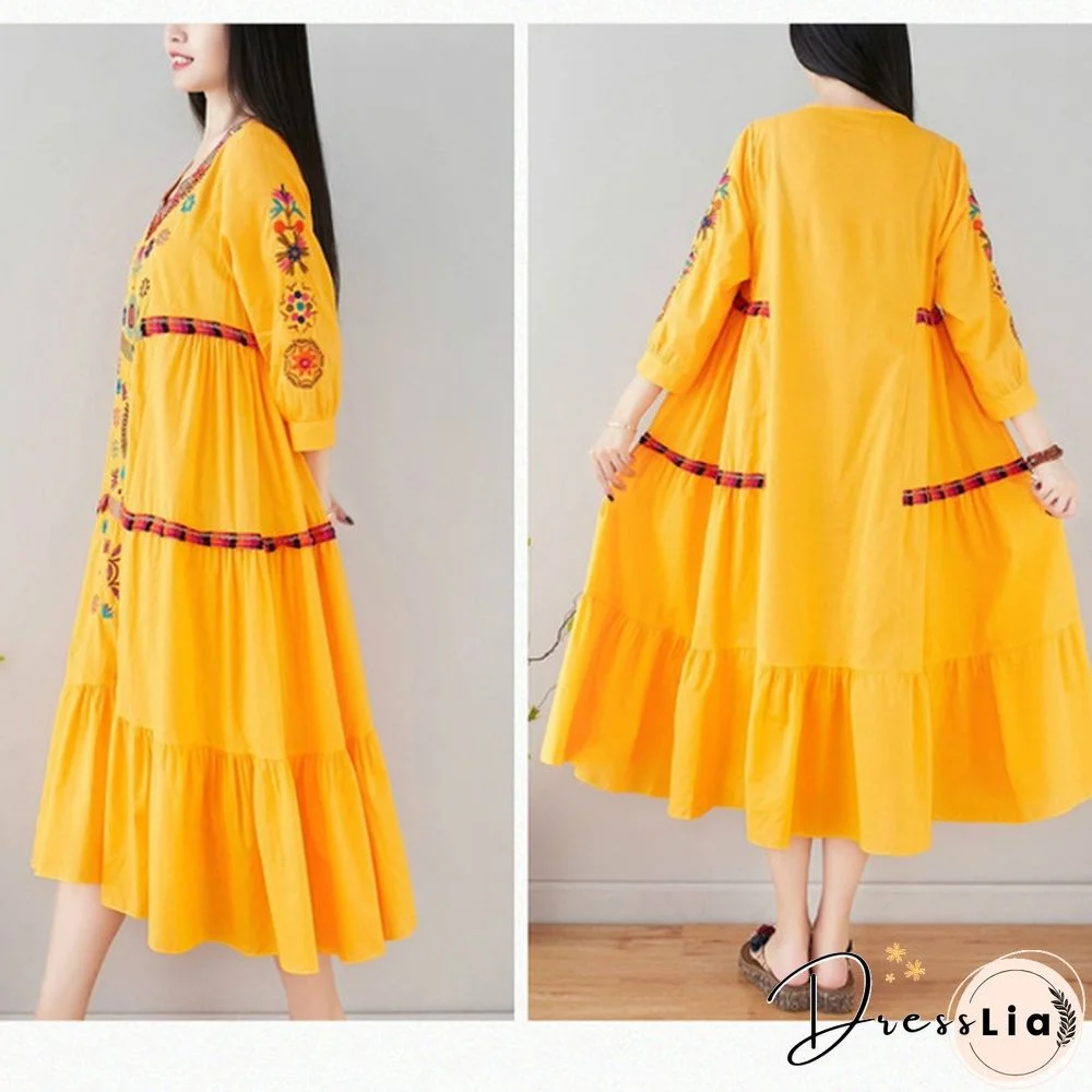 Women Dress Midi Linen Ethnic Floral Embroidery Tunic Beach Boho Holiday Hippie