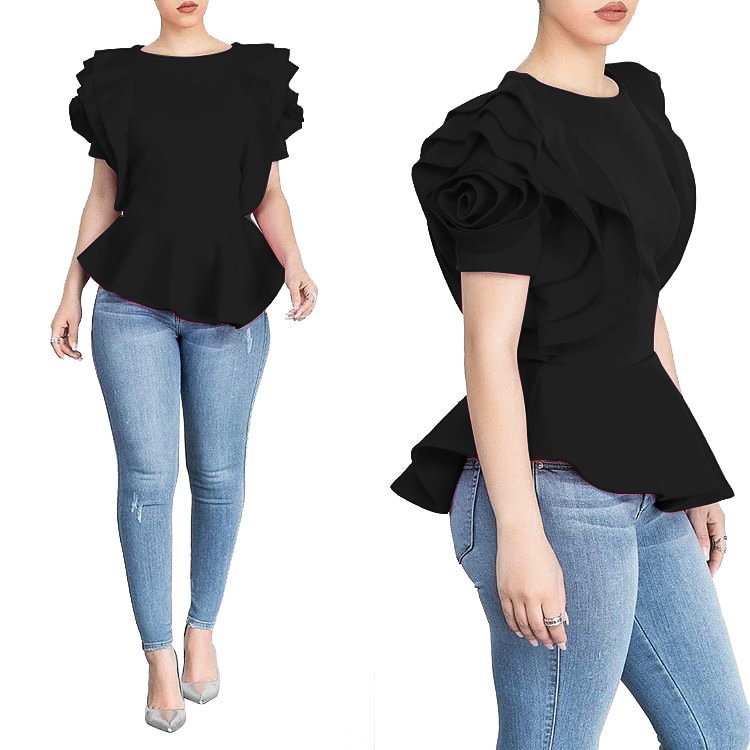 Temperament Commute Women's Summer Ruffles Hem Short Sleeve Top