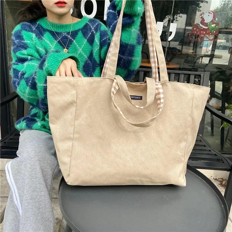 Women Canvas Bags Scottish Pattern Vintage Plaid Female Large Capacity Big Tote Handbag Ladies Casual Double sided Shoulder Bag