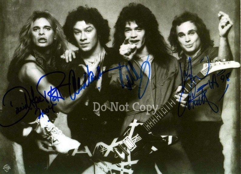 Van Halen Full Band Signed Photo Poster painting 8X10 rp Autographed Eddie Alex Michael & David Lee Roth