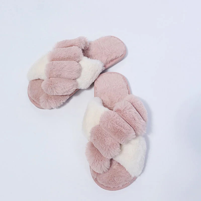Winter Women Faux Fur Slippers Warm Fluffy Furry Cross Strap Home Indoor Shoes Footwear Cozy House Non Slip Mix Color Whosale