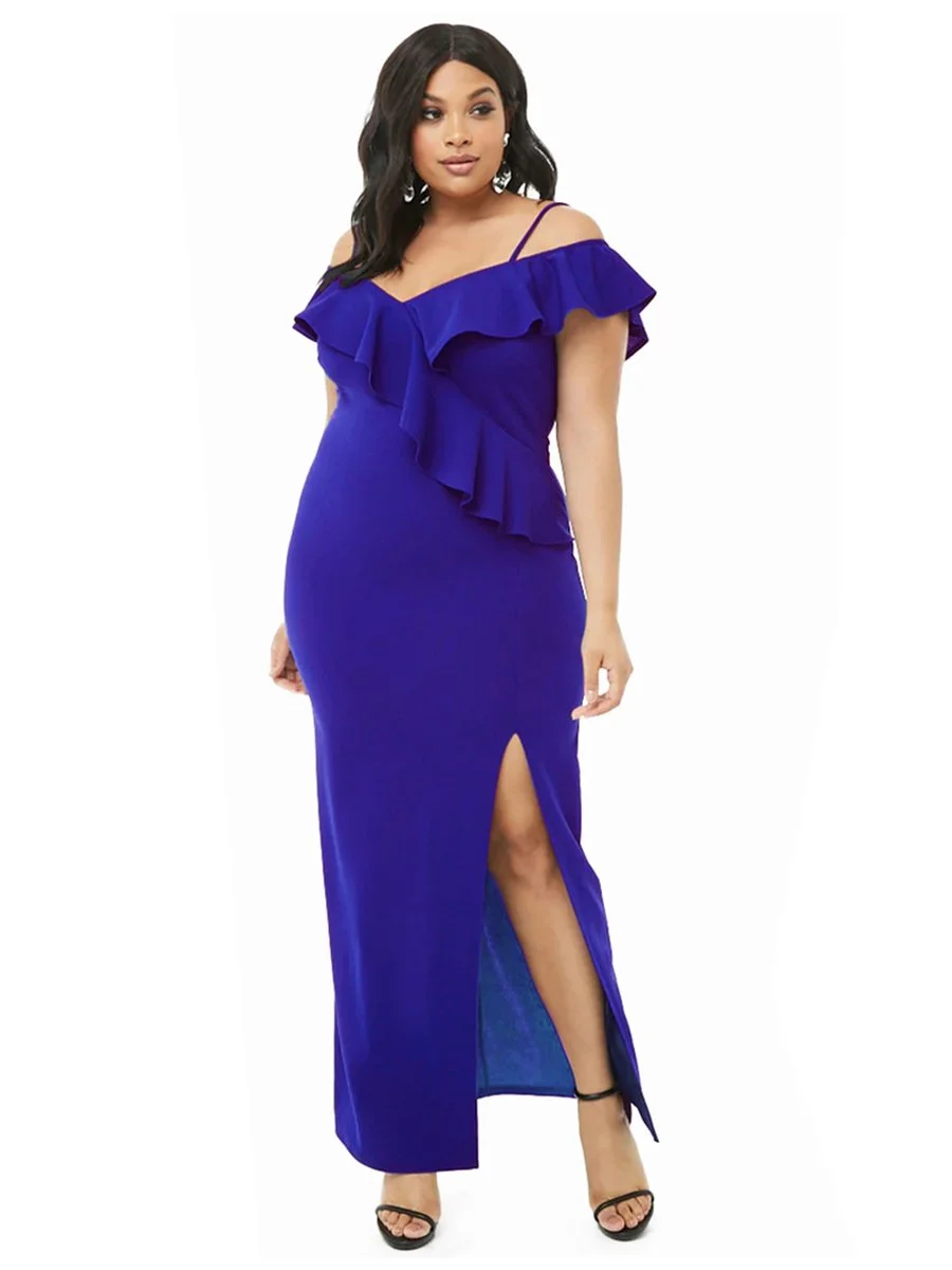 Plus Size Dress Solid Color Ruffled Split Dress