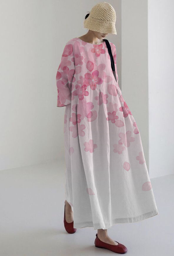 Women's Long Sleeve Large Hem Floral Print Midi Dress Holiday Dress socialshop