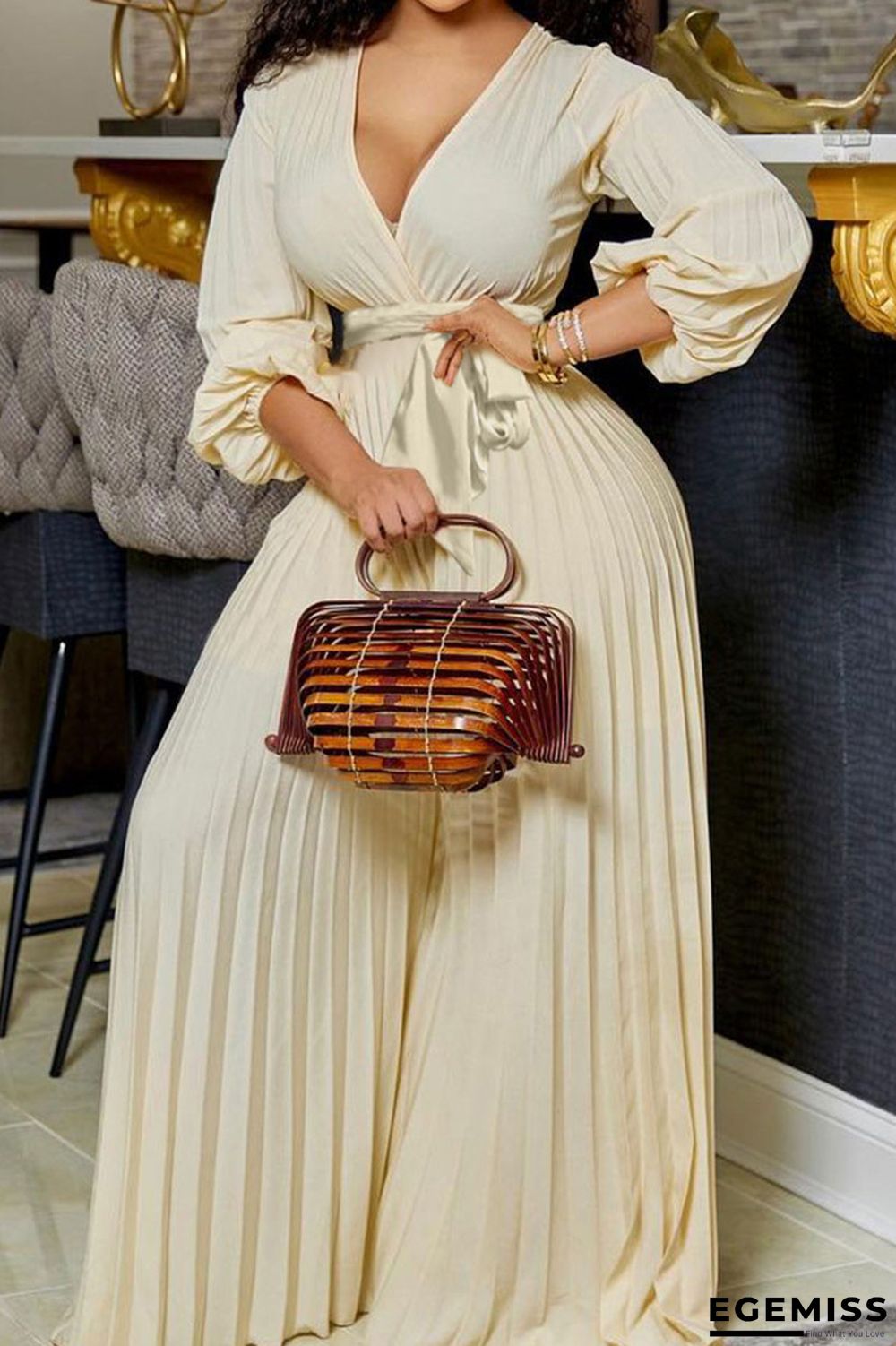 Apricot Casual Solid Patchwork Fold V Neck Straight Jumpsuits | EGEMISS