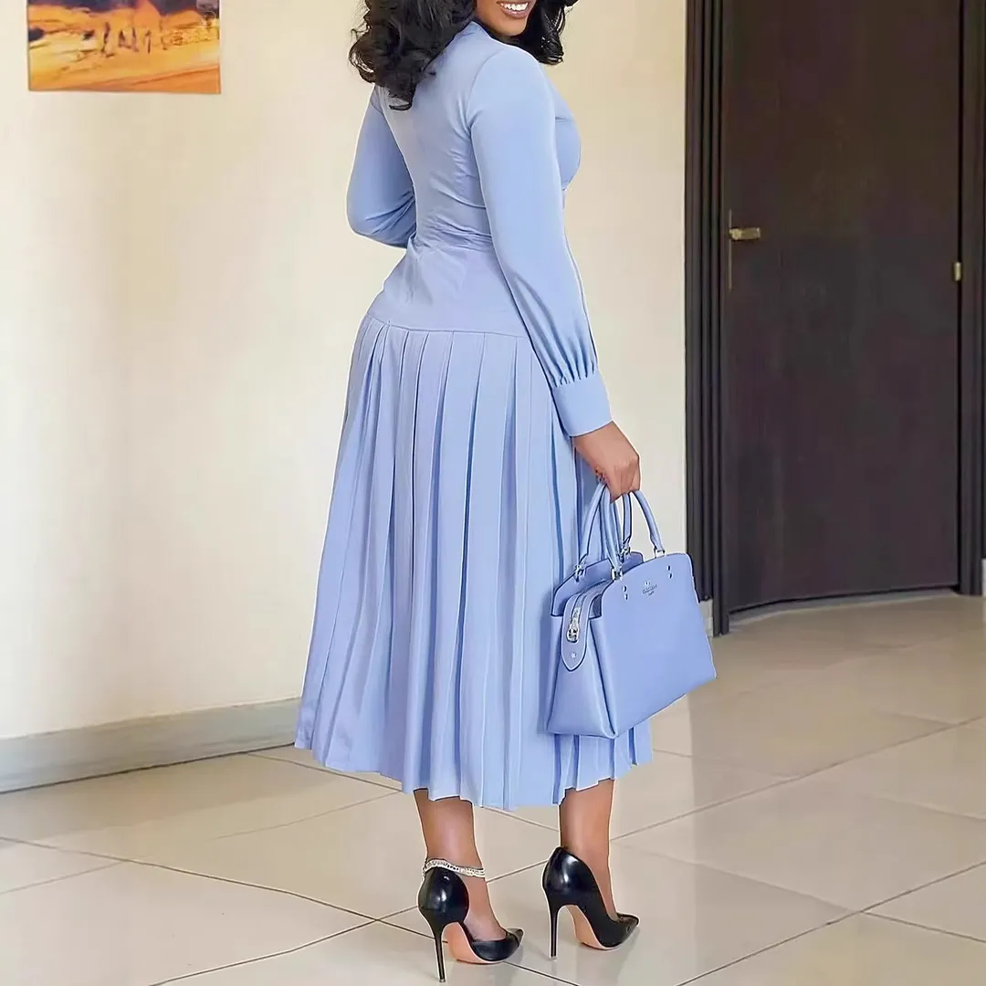 Women Round Neck Puff Long Sleeve Smocked Waist Pleated Midi Dress